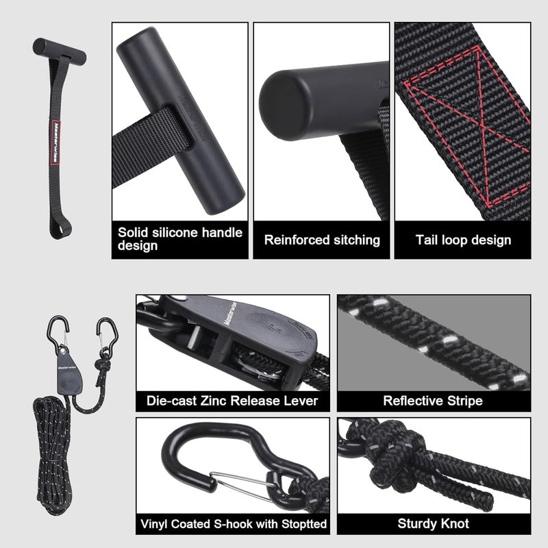 Masterwise 2 PCS Kayak Tie Down Straps with Reflective Stripe & 2 PCS Quick Hood Loops, Rope Tie Down Ratchet Straps Canoe Bow and Stern Rope Hanger Kayak and Canoe Accessories, Black - Image 5